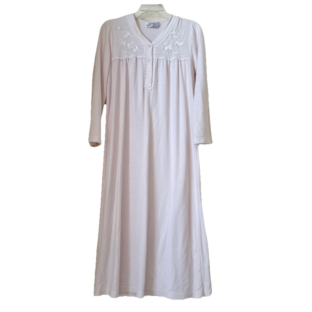 Miss Elaine‎ Nightgown Women PM Pink Embroidered Flower Lace Trim Cottage Maxi